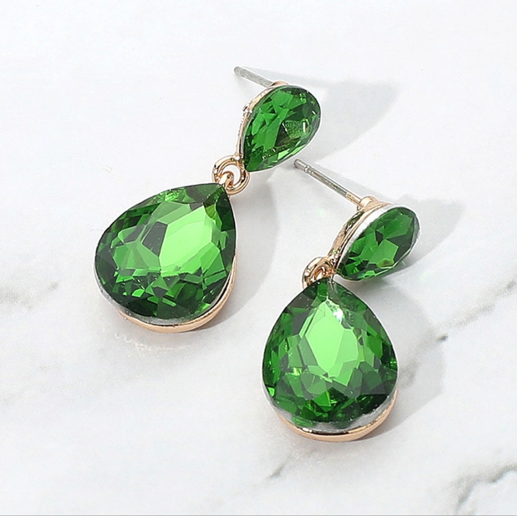 Olive Green Dangle Crystal Earrings 1.25 Inch Double Glass Teardrop